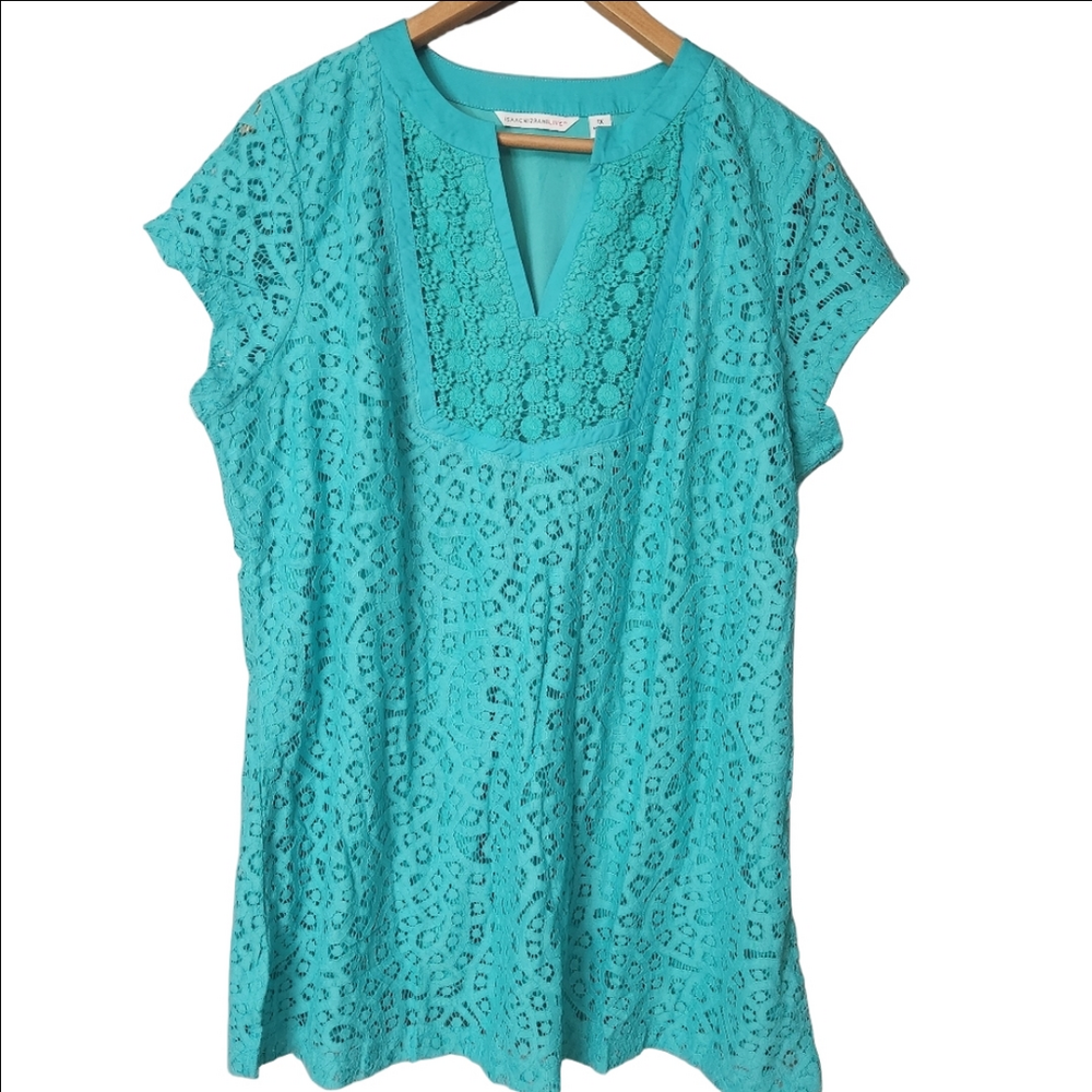 Isaac Mizrahi Live Cap Sleeve Top Women 1X teal torquise Boho lace overlay